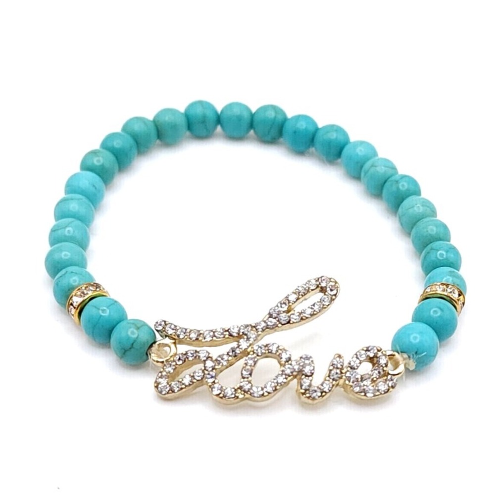 Turquoise Stretch Bracelet Howlite Gold Tone Love‎ Charm Rhinestone Gift Boho